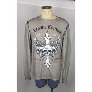 Xtreme‎ Couture Skull Cross Thermal Shirt Mens L Gray Graphic Print Casual Y2K